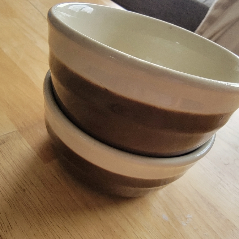 Vintage 40's Oxford Stoneware Two-Tone Brown Cream Bowls 5" W X 2.5" H Set 2